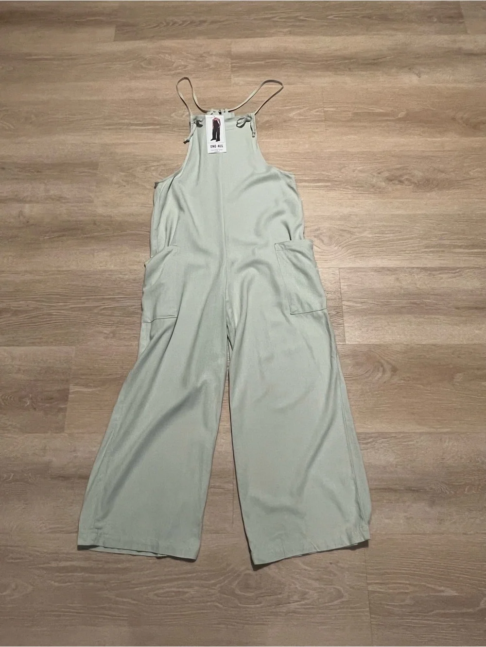 NWT Vanilla Star Sage Green Linen Blend Wide Leg Jumpsuit Strappy Back Size M